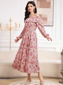 Modelyn Women'S Floral Printed Off Shoulder Ruffle Trim Decorated Shift Dress With Lantern Sleeves - Pink - View 8