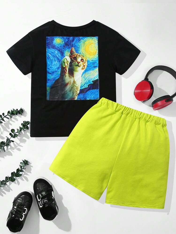 2pcs/Set Young Boys' Casual College Style Comfortable & Fashionable Cat Pet Pattern Short Sleeve T-Shirt And Green Shorts, Suitable For Spring And Summer