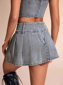 SHEIN BAE 女式工裝風格褶皺與口袋牛仔裙 - 藍色 - 查看 2