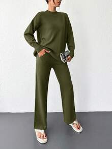 EURMUSE Women's Solid Color Round Neck Drop Shoulder Sweater And Pants Set - Khaki - View 3