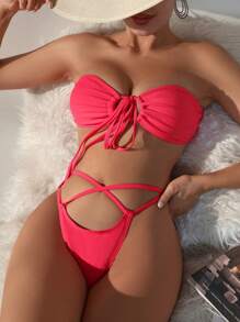 SHEIN Swim Ladies' Solid Color Hollow Out Bikini Set Music Festival Summer Beach