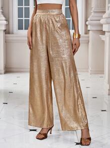 SHEIN Clasi Ladies' Glossy Wide Leg Pants - Gold - View 1