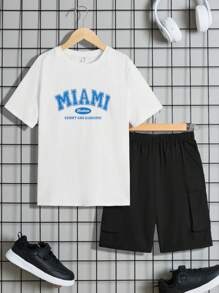 SHEIN Tween Boys' Loose Casual Round Neck Letter Pattern Short-Sleeved T-Shirt Shirt Shorts Three-Piece Set - White - View 10