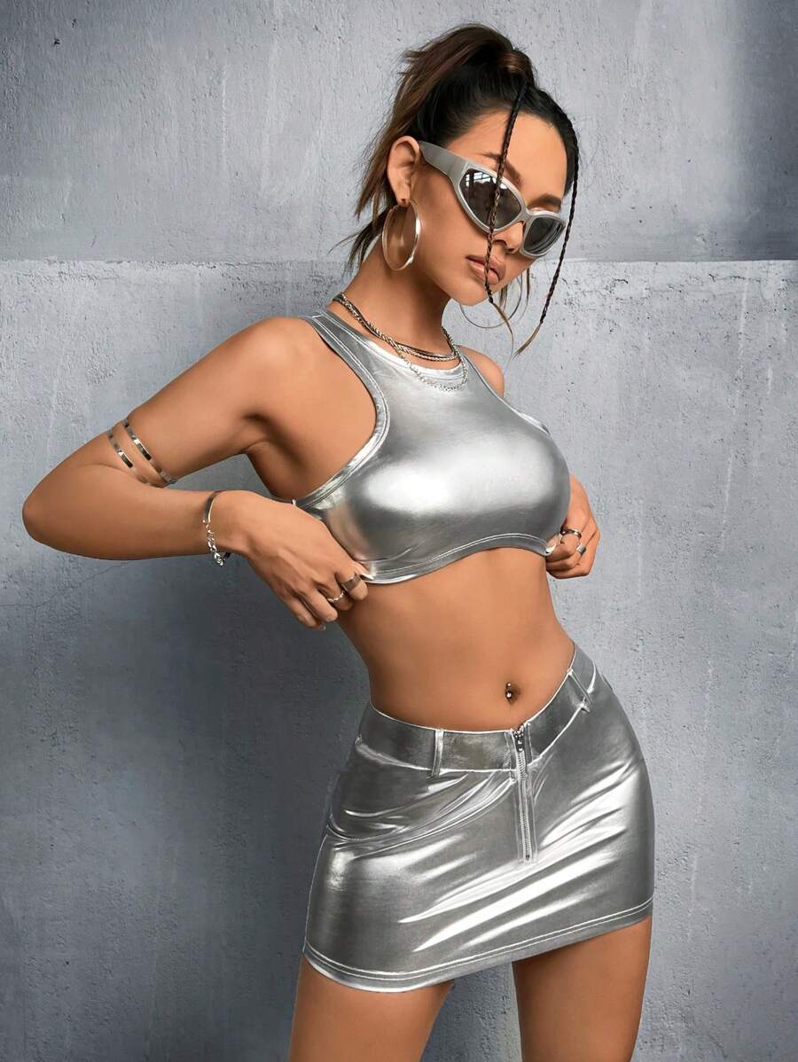 SHEIN ICON Women'S Solid Color Cropped Tank Top And Skirt Set - Silver - View 1