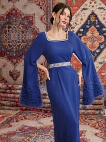 Modelyn Women'S Arabian Style Dress With Cape Sleeves, Belted Waist And Woven Stripe Detail Long Evening Dresses - Blue - View 3