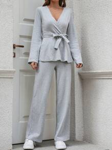 EURMUSE Ladies' Long Sleeve Belted Top And Trousers Two Piece Set - Grey - View 1