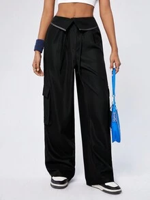 SHEIN Coolane 女士翻邊腰款實用褲 - 黑色 - 查看 6