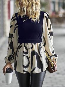 SHEIN LUNE Top De Manga Larga De Dos En De Mangas De Linterna Con Estampado Para Mujer
