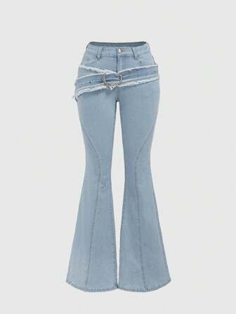 Grunge Punk Jeans a zampa da donna con decorazione di anelli a forma di cuore in strass, orlo e bordo sfilacciati, per la scuola