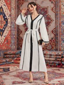 Al Najma Women'S V-Neck Long Sleeve Belted Dress - Beige - View 5