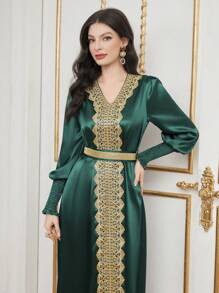 Al Najma Tiếng  Ả Rập Phong cách Của phụ nữ Thêu Cổ v Shirred Cuff Áo choàng Abaya Đầm - Màu xanh lá cây đậm - Xem 7