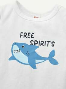 Baby Boy Snug Fit Pajama Set - Cartoon Shark Patterned Short Sleeve Round Neck Top And Casual Shorts 2pcs