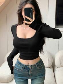 DAZY Solid Color Slim Fit Women's Sweater With Scoop Neck And Long Sleeves,Fall Clothes - Black - View 7