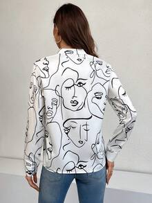 SHEIN Frenchy Chân dung In Cổ áo có khía Tay áo dài Áo sơ mi - trắng - Xem 2