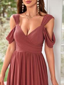 UNITHORSE Open Shoulder Short Sleeve Chiffon Bridesmaid Dress - Redwood - View 4