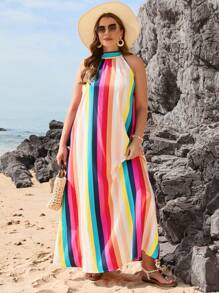 SHEIN VCAY Đầm hở lưng kẻ sọc nhiều màu cho ngày lễ bãi biển cỡ lớn dành cho nữ có dây buộc eo - Nhiều màu - Xem 1