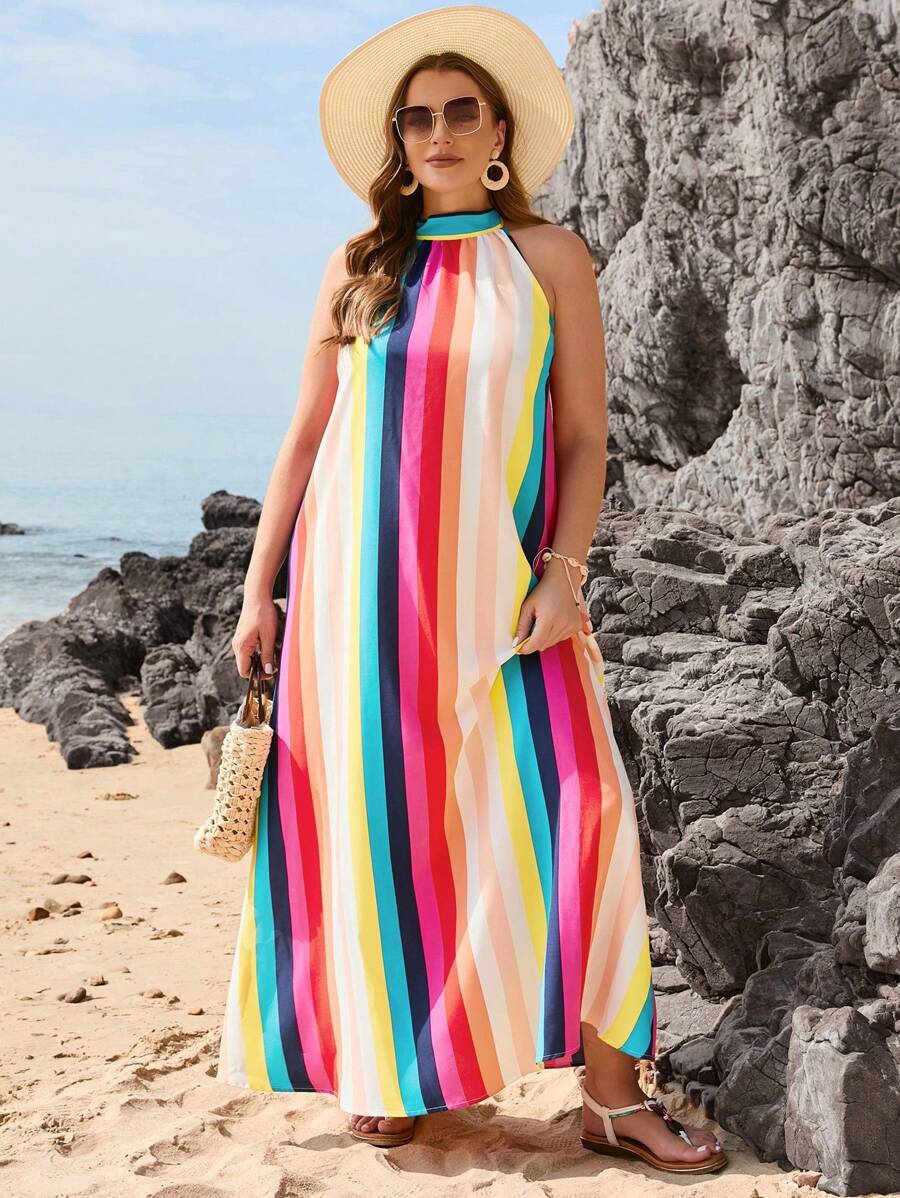 SHEIN VCAY Đầm hở lưng kẻ sọc nhiều màu cho ngày lễ bãi biển cỡ lớn dành cho nữ có dây buộc eo - Nhiều màu - Xem 1