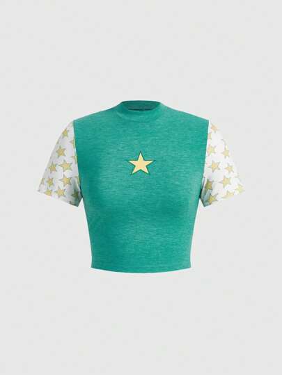 Grunge Punk Damen T-shirt Mit Kurzem Ärmel, Stern Muster, Stehkragen Und Farbblock Design