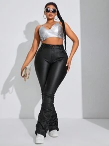 SHEIN Quần ống loe xếp ly, màu trơn, dáng suông, chất liệu co giãn, cỡ lớn, kiểu dáng cơ bản, thích hợp cho mùa hè. - màu đen - Xem 5