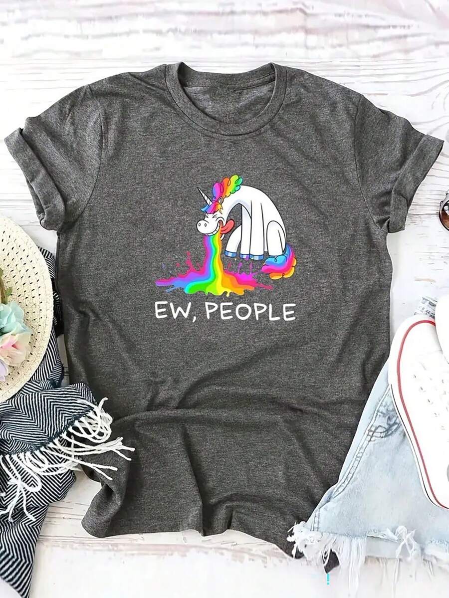 SHEIN LUNE 卡通印花短袖t恤 - 深灰色 - 查看 1