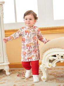 嬰兒男寶寶春夏季兩件式大象趣味印花可愛日常休閒套裝 - 彩色 - 查看 1