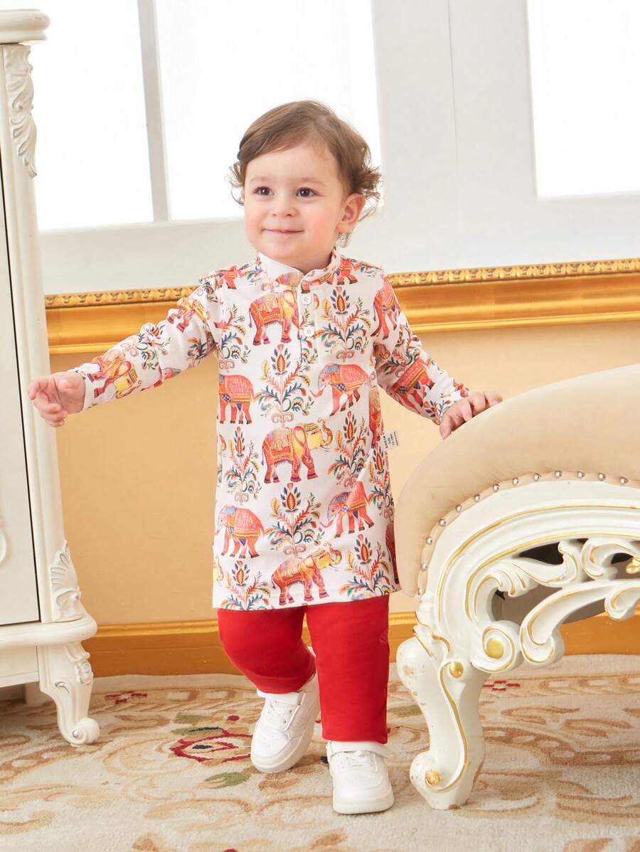 嬰兒男寶寶春夏季兩件式大象趣味印花可愛日常休閒套裝 - 彩色 - 查看 1