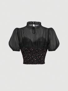 SHEIN MOD 女士网眼撞色泡泡袖花卉衬衫 - 黑色 - 查看 2