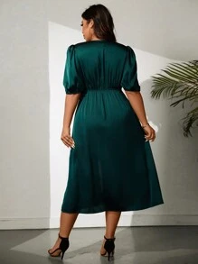 Celure Plus Size Wrap Front Puff Sleeve Buttoned Dress - Dark Green - View 2