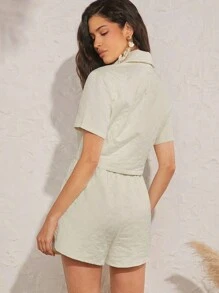 Hauture 經過拼接釦扣設計的拼接上衣和短褲套裝 - 米色 - 查看 2