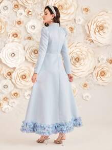 Modelyn 串珠立领荷叶边下摆 A 字形连衣裙，优雅晚会超长朴素长袖连衣裙 - 藍白色 - 查看 2