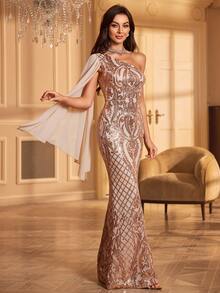 Women's Cape Sleeve Sequin Embellished Party Dress - Champagne - View 5