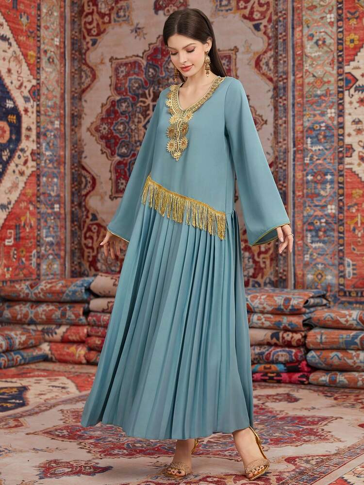 Women'S Fringed Pleated Hem Dress Eid Dress