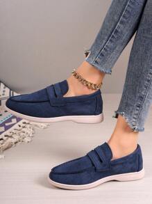 2025 Autumn Women Slip On Solid Loafer Flats, Fashionable Faux Suede Flats For Summer