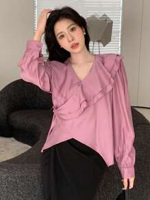 DAZY Solid Color Loose Long Sleeve Shirt With Ruffle Trim For Women - Hot Pink - View 6