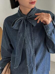 FRIFUL 女頸部繫帶牛仔上衣 - 藍色 - 查看 7