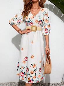 SHEIN VCAY Summer Women's Floral Printed Casual White  Long Dress With Sleeves - White - View 1
