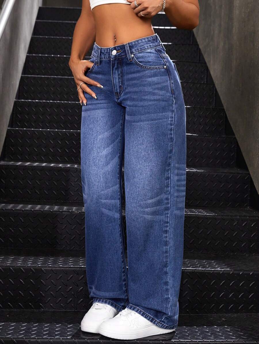 SHEIN PETITE Quý cô Quần jean Với Túi - Màu xanh lam - Xem 1