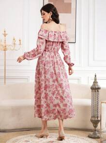 Modelyn Women'S Floral Printed Off Shoulder Ruffle Trim Decorated Shift Dress With Lantern Sleeves - Pink - View 2