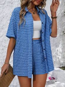 SHEIN LUNE 格紋下垂腰袖襯衫和短褲套裝