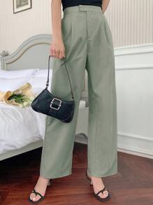 DAZY Ladies' Solid Color Folded Pleats Straight Leg Pants Women Dress Pants - Green - View 4