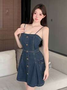 DAZY 女款正面紐帶牛仔吊帶連身裙 - 深色水洗藍 - 查看 4