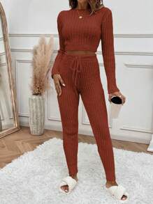SHEIN LUNE 長袖短款毛衣和針織褲休閒兩件套 - 鏽棕色 - 查看 6