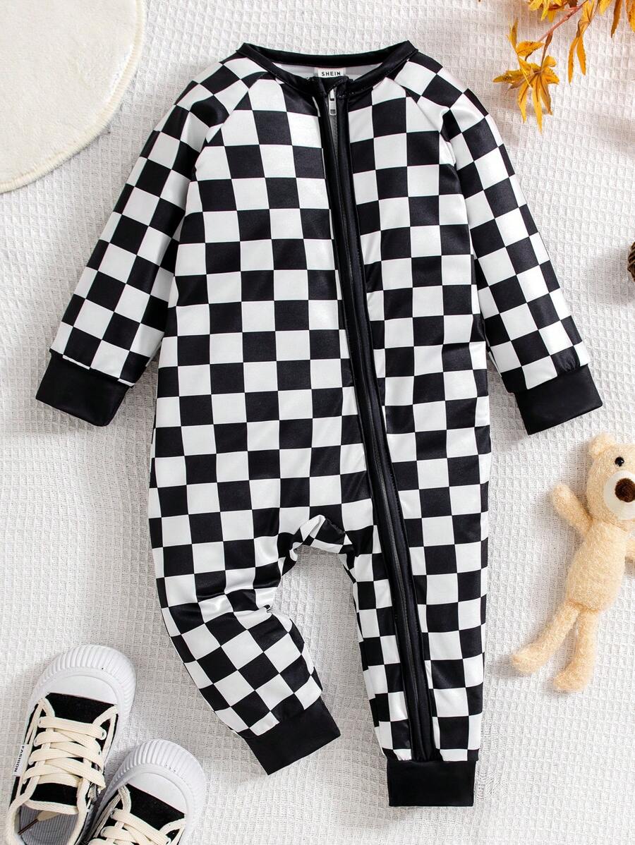 男婴格子印花连体衣，带斜拉链 - 黑色 - 查看 1