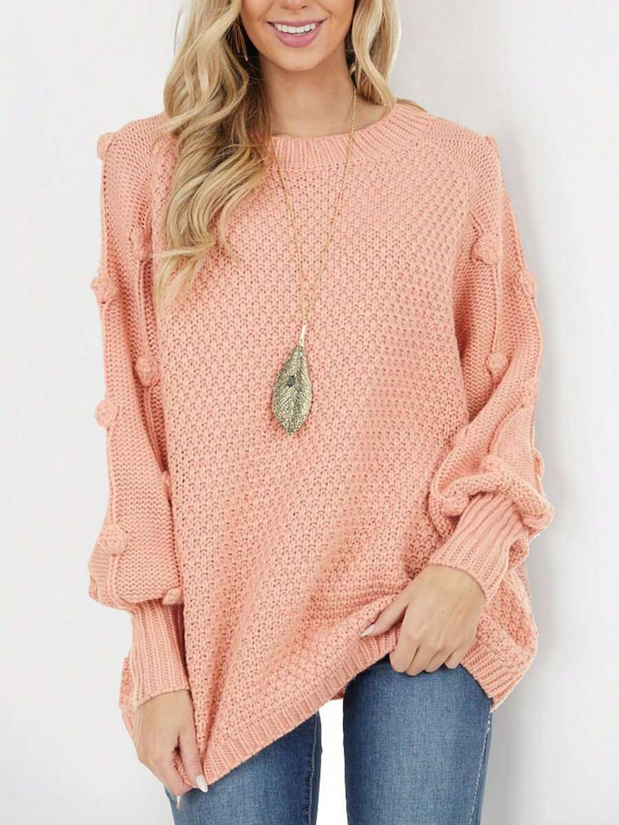 Simplee 女絨球裝飾插肩袖毛衣 - 粉色 - 查看 1