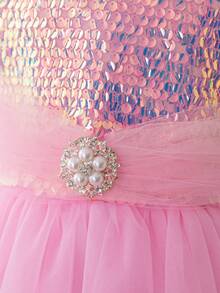 Toddler Girls' One Shoulder Net Yarn Party Dress With Sequins Panel And Beaded Decoration Birthday Dress - Pink - View 7