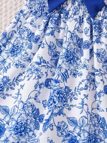 SHEIN Young Girls' Bowknot Decor Flower Printed Spaghetti Strap Dress,Holiday,Summer,Travel - Blue and White - View 4