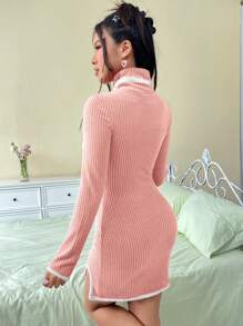 SHEIN EZwear 女用撞色拼接鏤空立領連身裙 - 粉色 - 查看 3