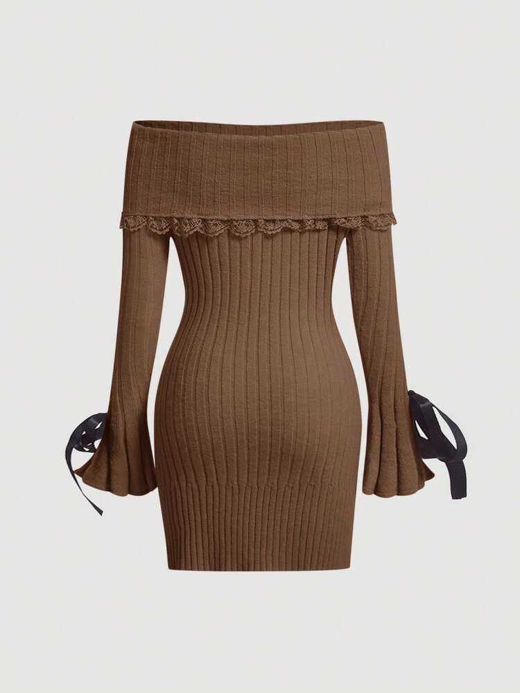 Ladies' Slim Fit Off Shoulder Lace Edged Tie Knit Sweater Dress