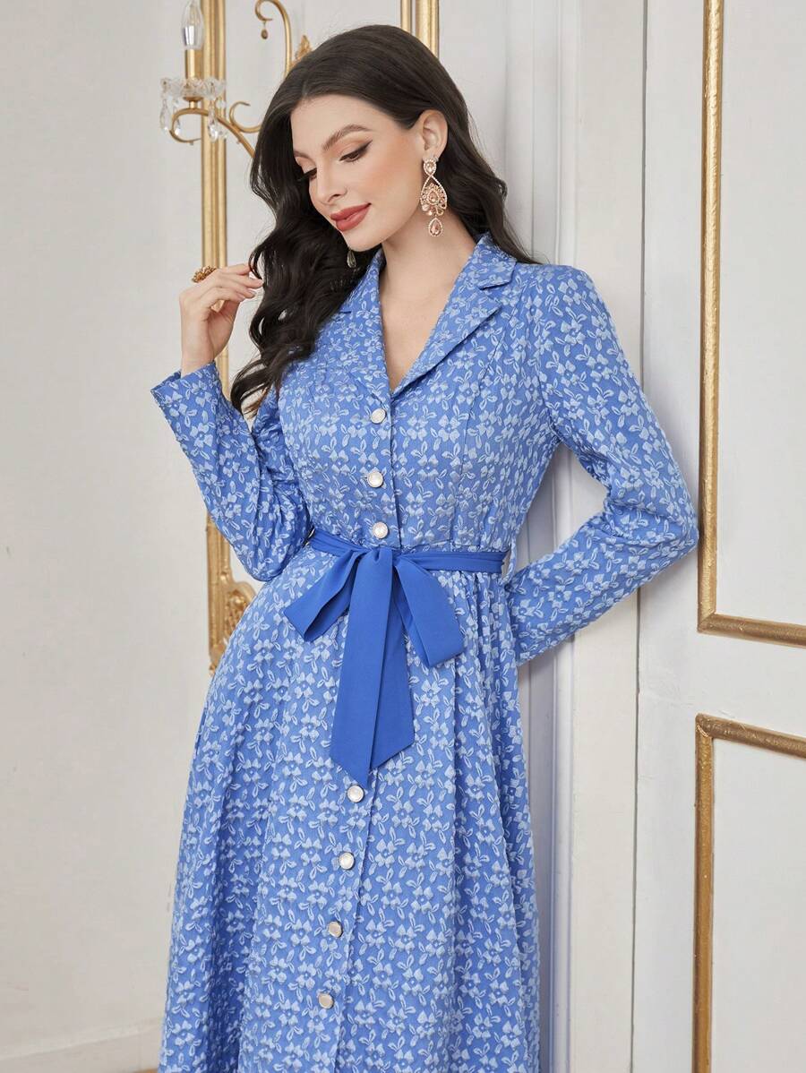 Modelyn Ladies' Jacquard Long Sleeve Dress With Contrast Collar - Multicolor - View 1