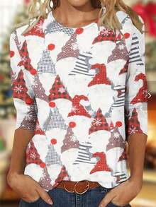 Plus Size Women's Christmas Pattern Long Sleeve Top - White - View 1